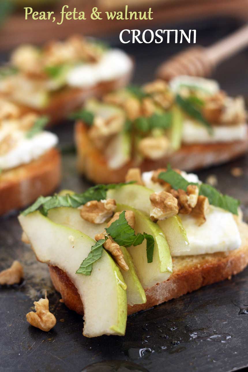 Pear, feta & walnut crostini