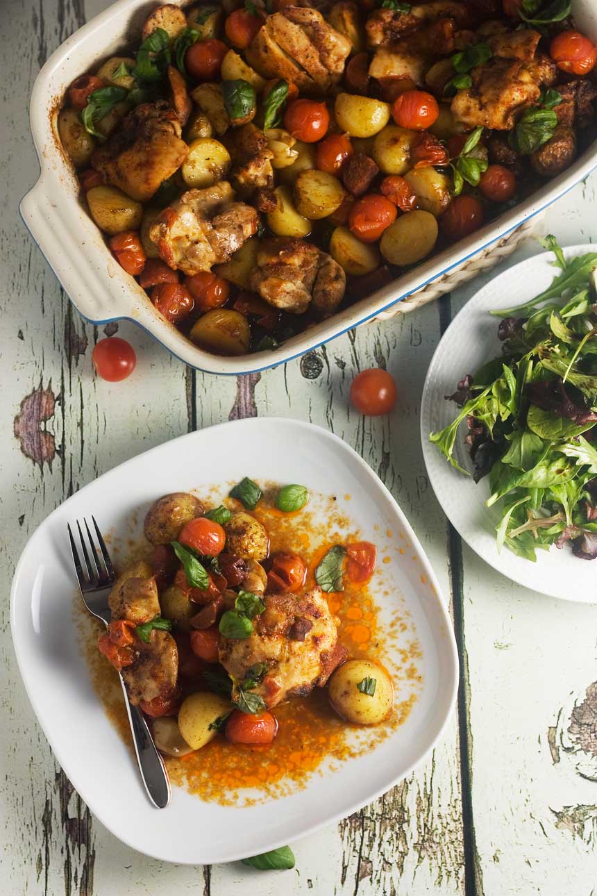 Chicken, chorizo & ‘patatas bravas’ tray bake Scrummy Lane