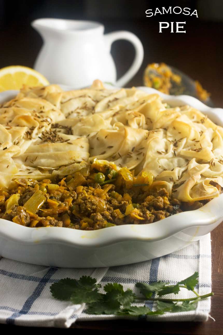 A spiced samosa 'pie' with scrunched filo pastry on top