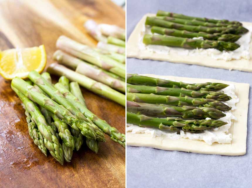 collage of 2 images showing asparagus on a wooden cutting board and asparagus spears on puff pastry and cream cheese ready to be cooked.