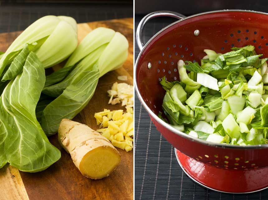 2 images showing pak choi - 1 shows it whole on a chopping board with ginger, the other shows it chopped in a red colander