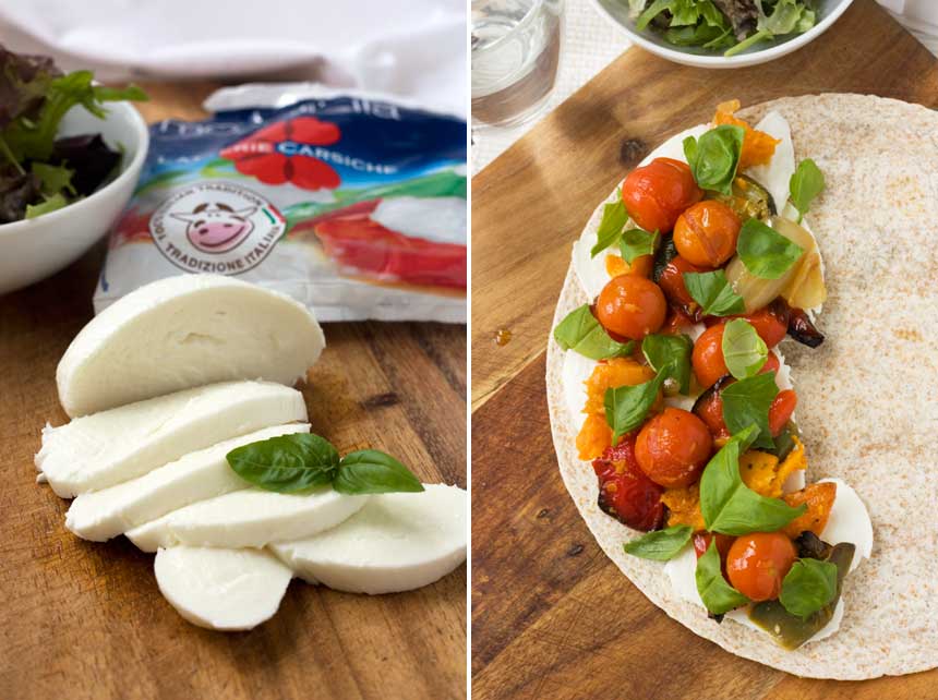 A collage of 2 images showing ingredients for caprese quesadillas.