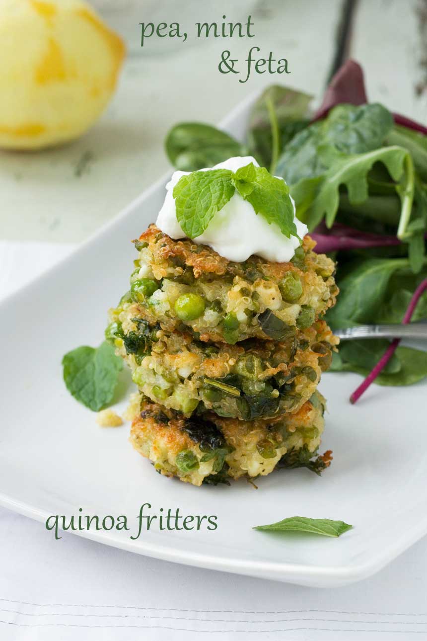 A small stack of pea, mint and feta quinoa fritters on a white plate with salad with a title on it for Pinterest.