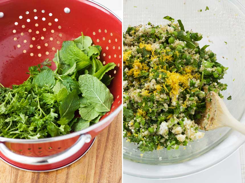 A collage of 2 images showing how to make quinoa fritters.