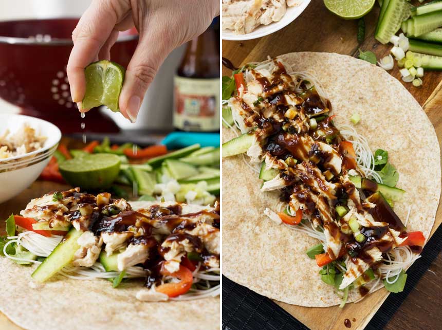 Collage of 2 images of someone making a hoi sin chicken noodle wrap.