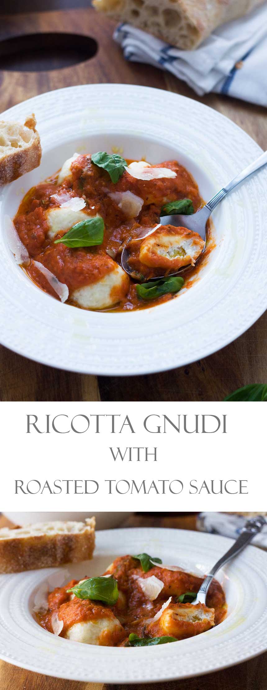 Ricotta gnudi in tomato sauce with a spoon in a white bowl with salad and bread in the background with a title on it for Pinterest.