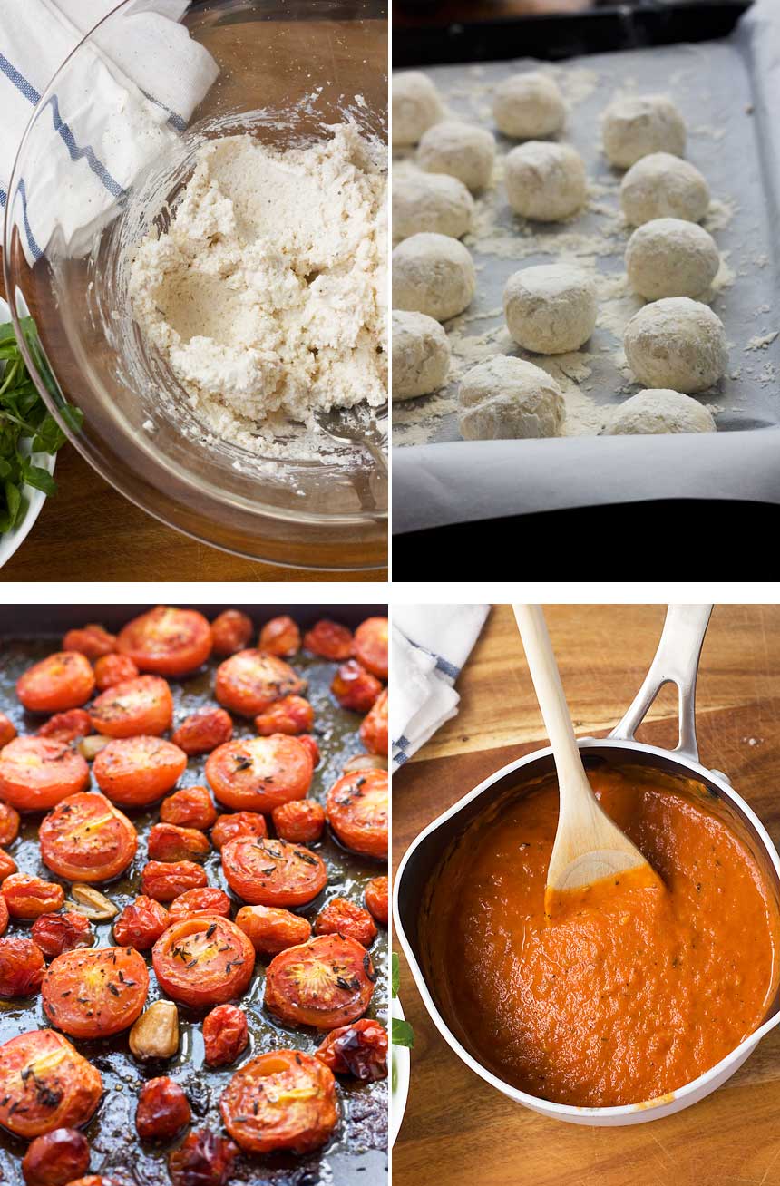 A collage of 4 images showing how to make ricotta gnudi and the tomato sauce to go with it.