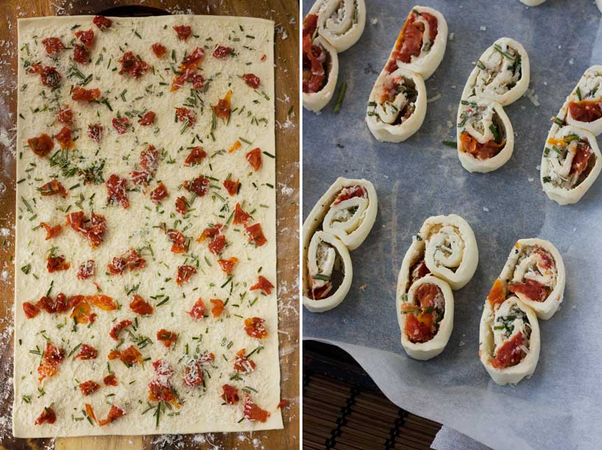 A collage of 2 images showing how to make pastry palmiers