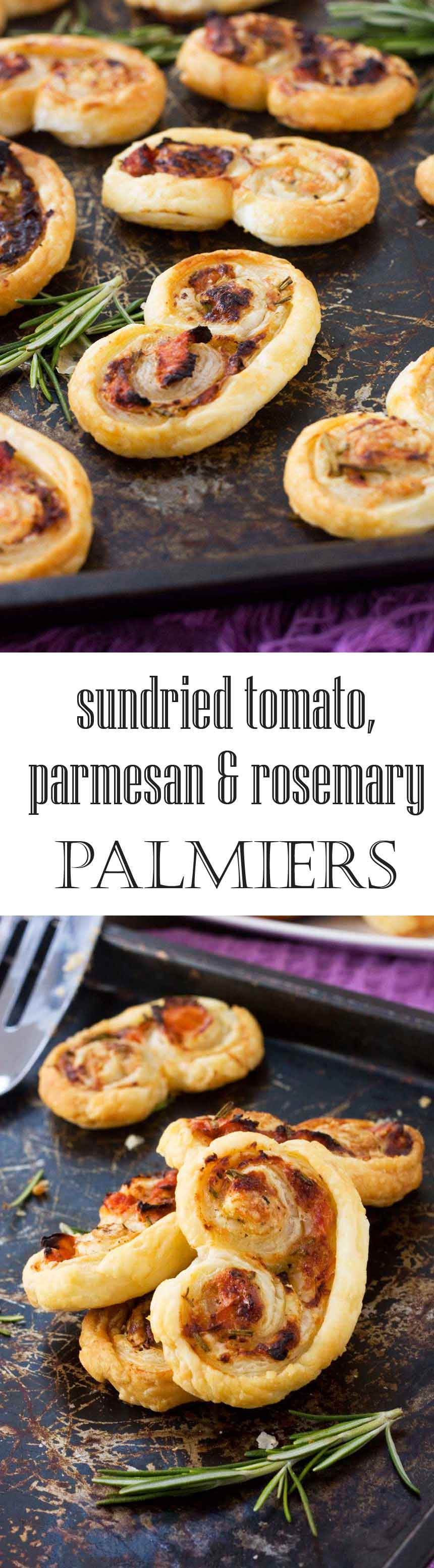 sun-dried tomato, parmesan and rosemary palmiers stacked up on a black baking tray with a title on it for Pinterest.