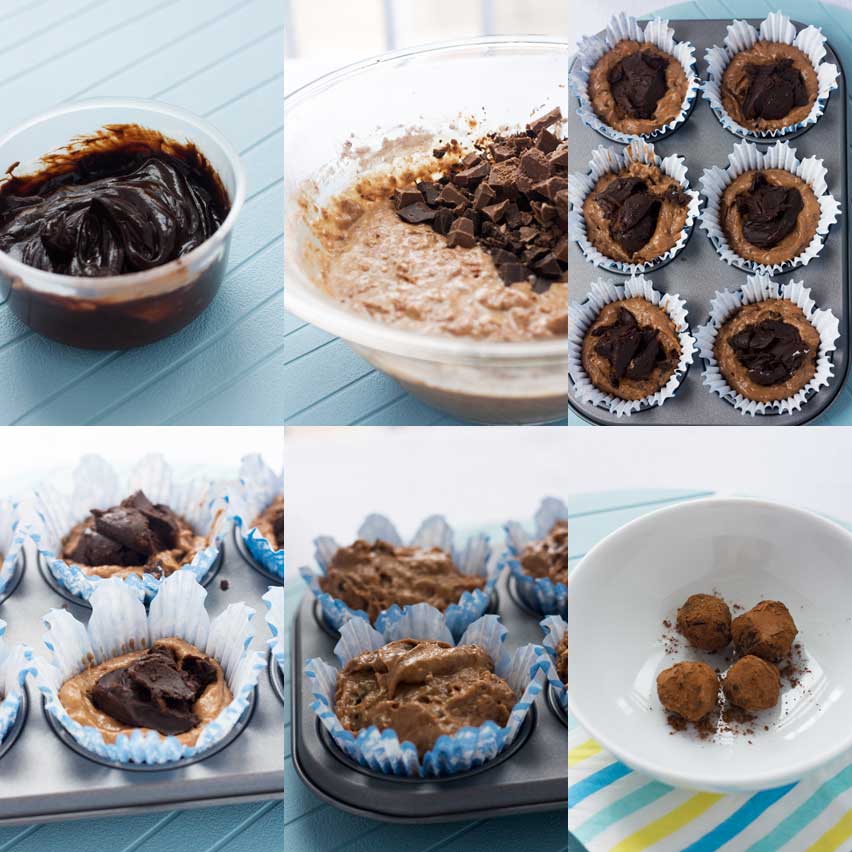 6 images showing the process of making soft-centred triple chocolate muffins