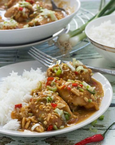A plate of spicy Thai peanut chicken