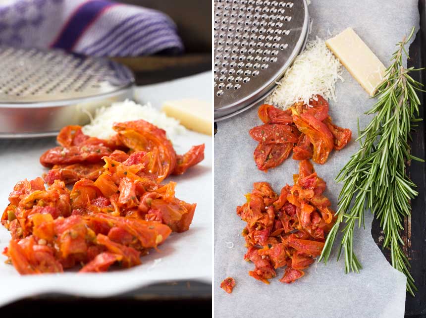 A collage of 2 images showing sundried tomatoes and other ingredients for savory palmiers.