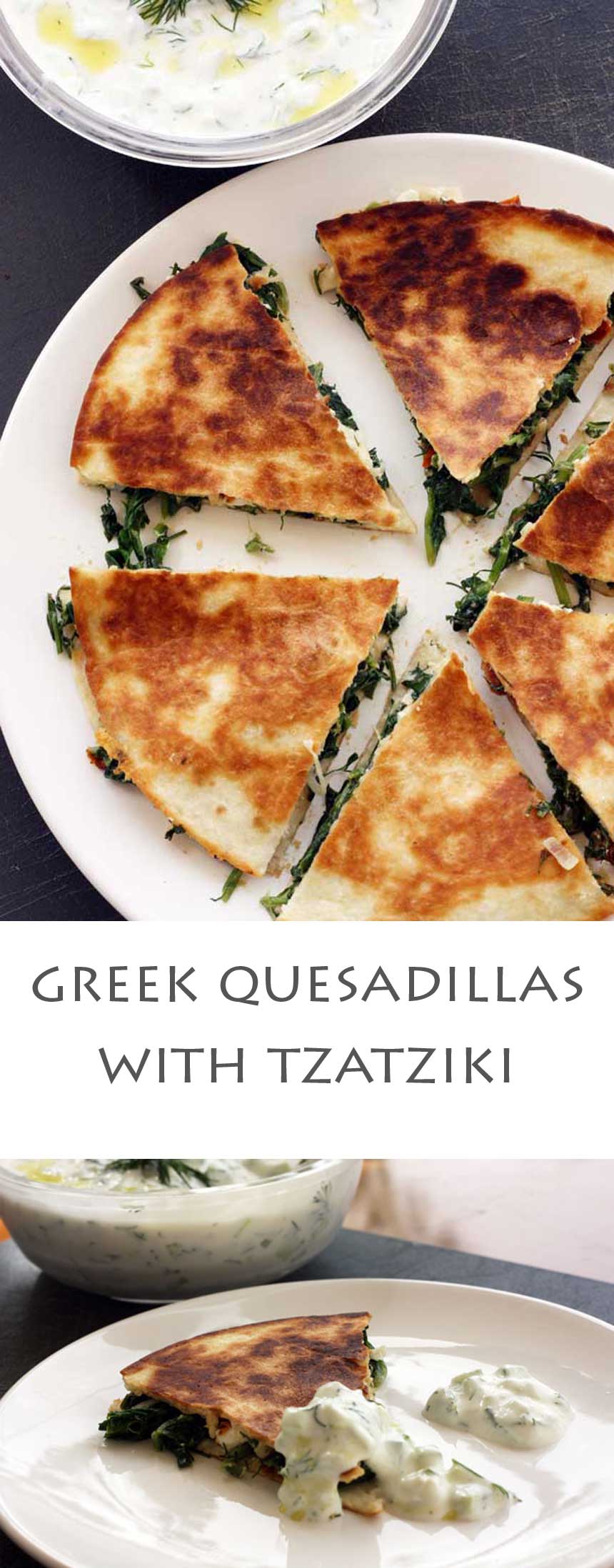 Pin image showing Greek quesadillas on a plate from above.