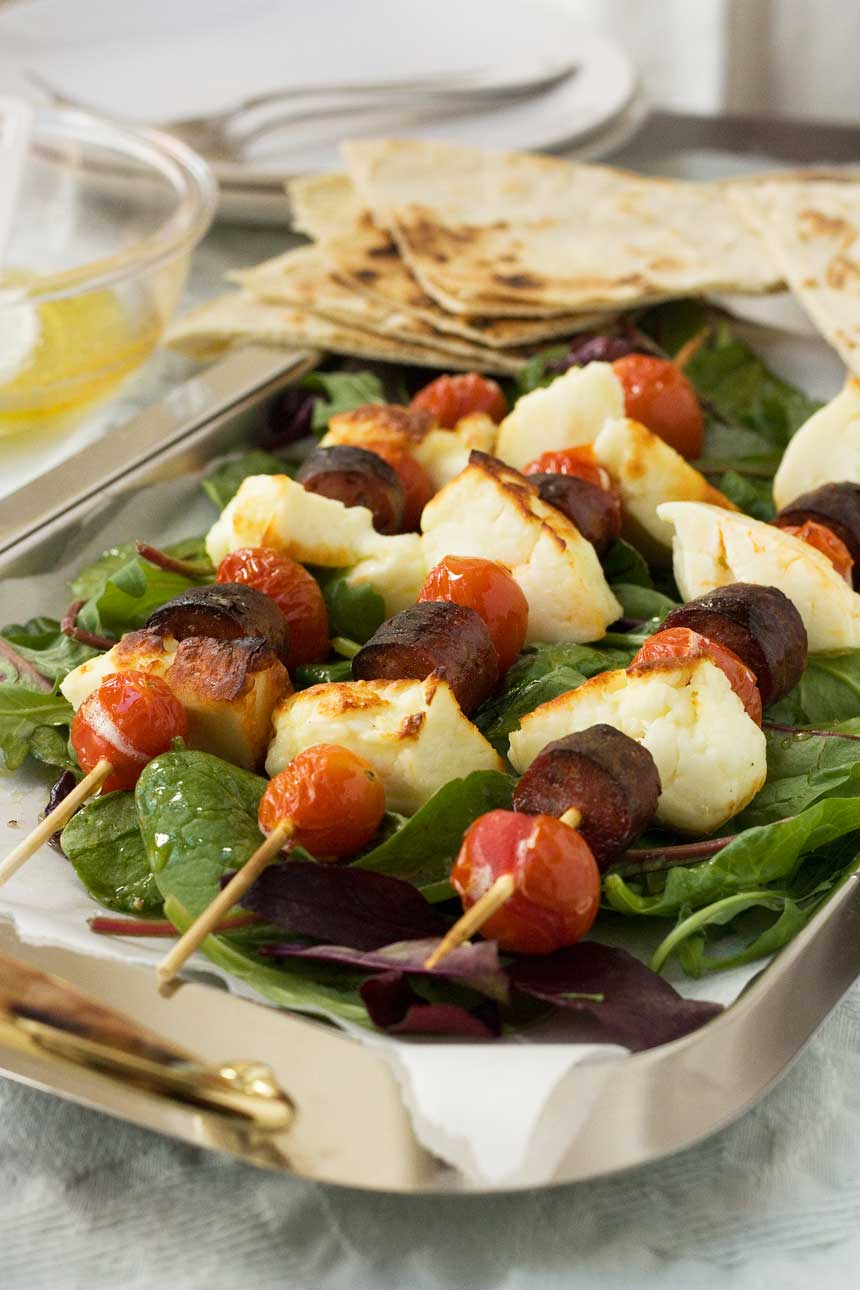 Halloumi kebabs with chorizo, tomatoes and honey lime dressing ...