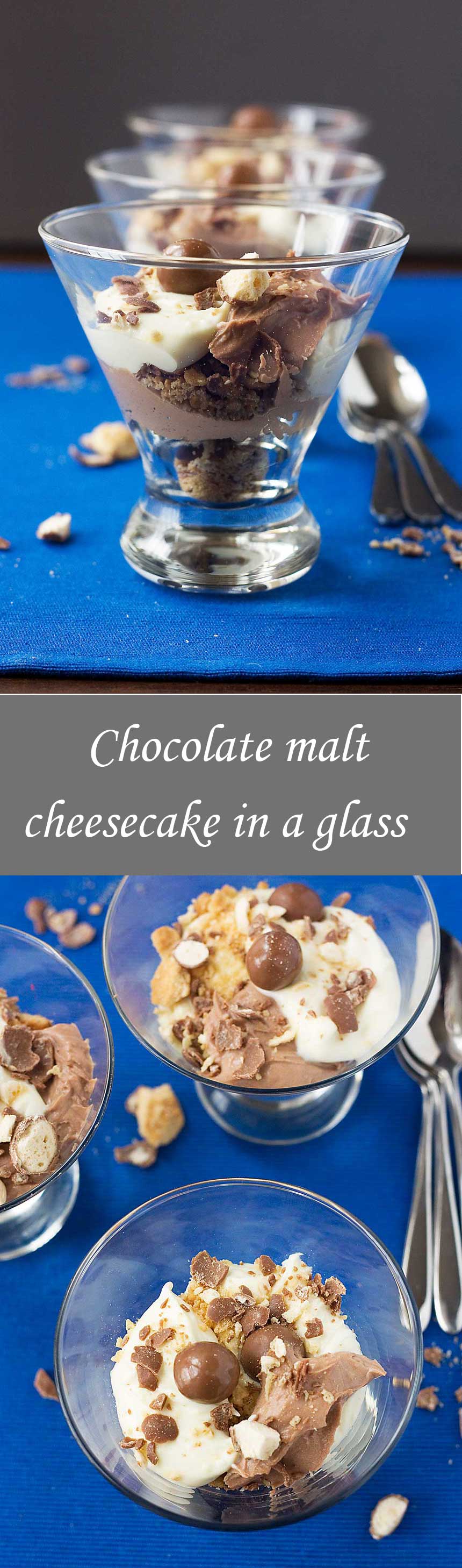 Chocolate malt cheesecake in a glass on a blue background with a title on it for Pinterest.