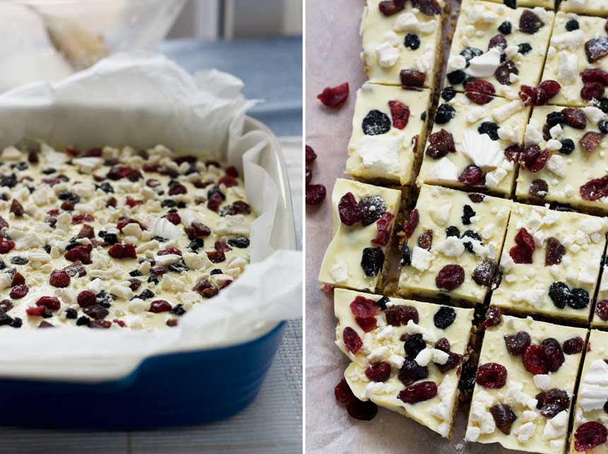 white chocolate tiffin in the baking dish, and a closeup of it on baking paper - 2 images side by side