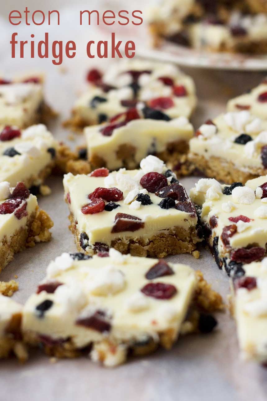 A close up of pieces of white chocolate tiffin cake on baking paper