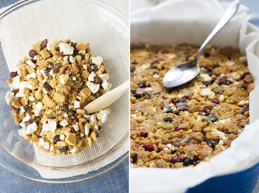 2 images showing part of the process of making white chocolate tiffin