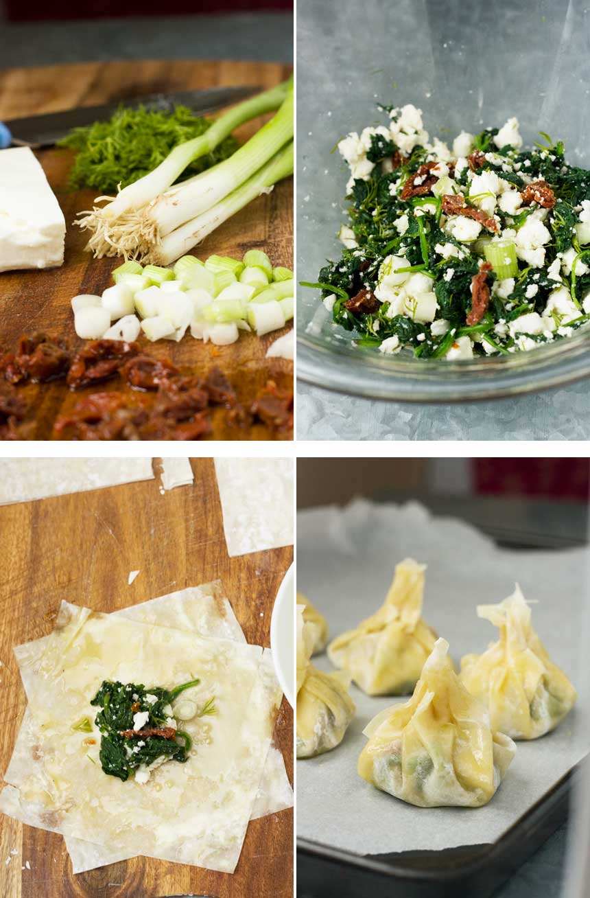 A collage of 4 photos showing how to make the stuffing for Greek filo parcels.