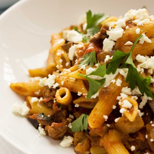 A closeup of a bowl of penne pasta with eggplant.