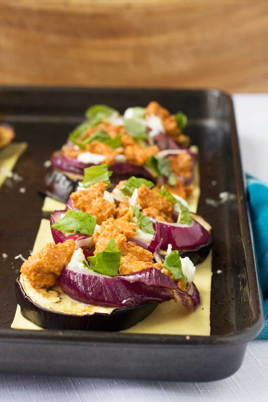 freestyle eggplant lasagna on a baking tray before going into the oven.