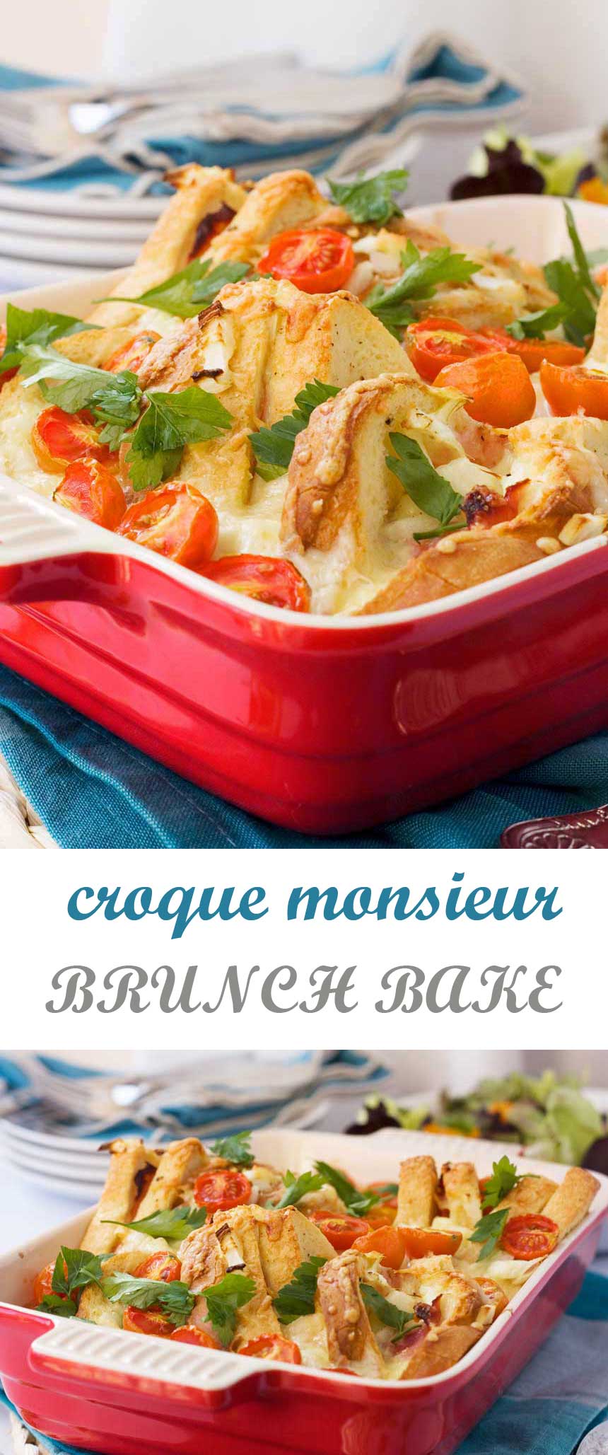 A closeup of the side of a baking dish of Croque monsieur brunch bake with a title below it for Pinterest.
