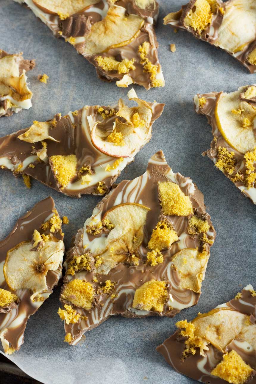 Toffee apple chocolate bark in pieces photographed from above.