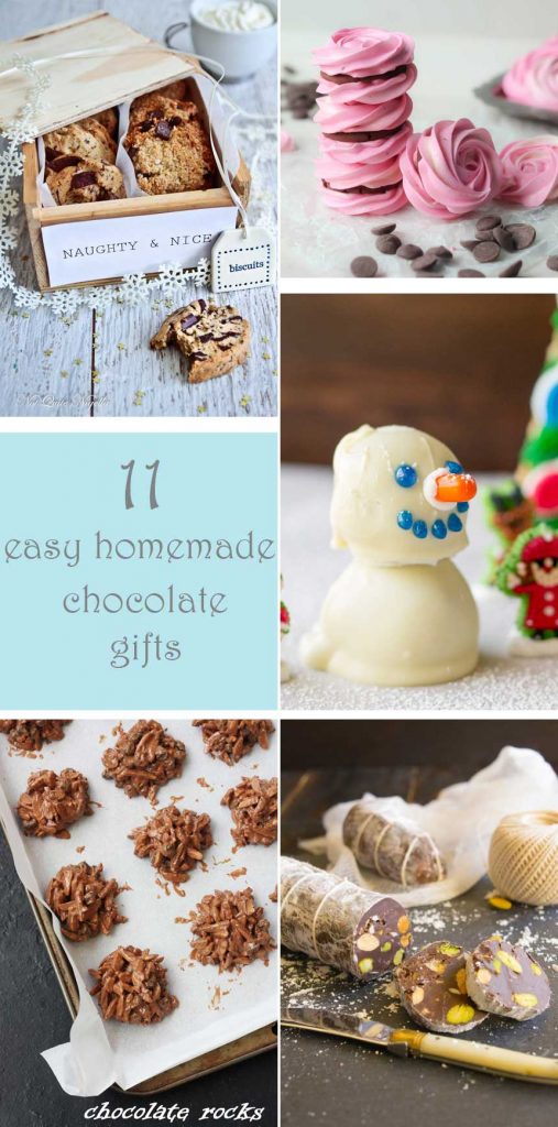 Collage of photos of easy homemade chocolate gifts with a title on it that says 11 easy homemade chocolate gifts.