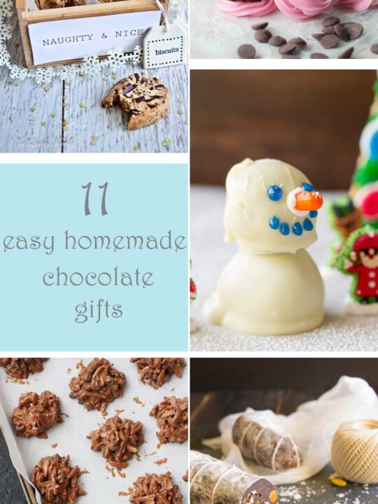 Collage of photos of easy homemade chocolate gifts with a title on it that says 11 easy homemade chocolate gifts.