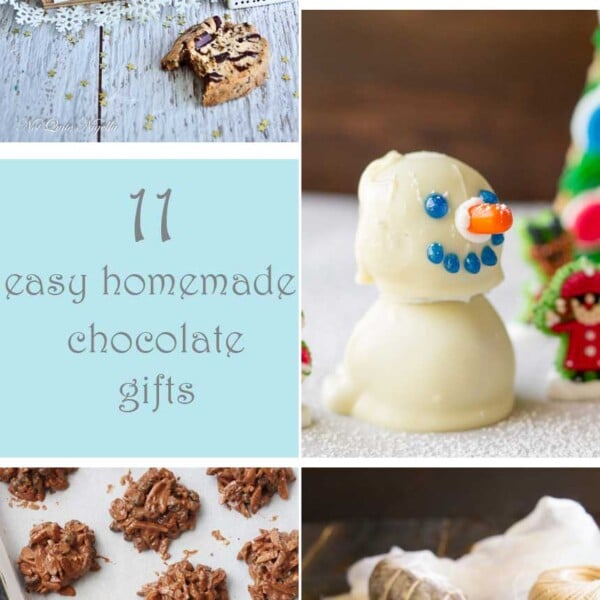 Collage of photos of easy homemade chocolate gifts with a title on it that says 11 easy homemade chocolate gifts.