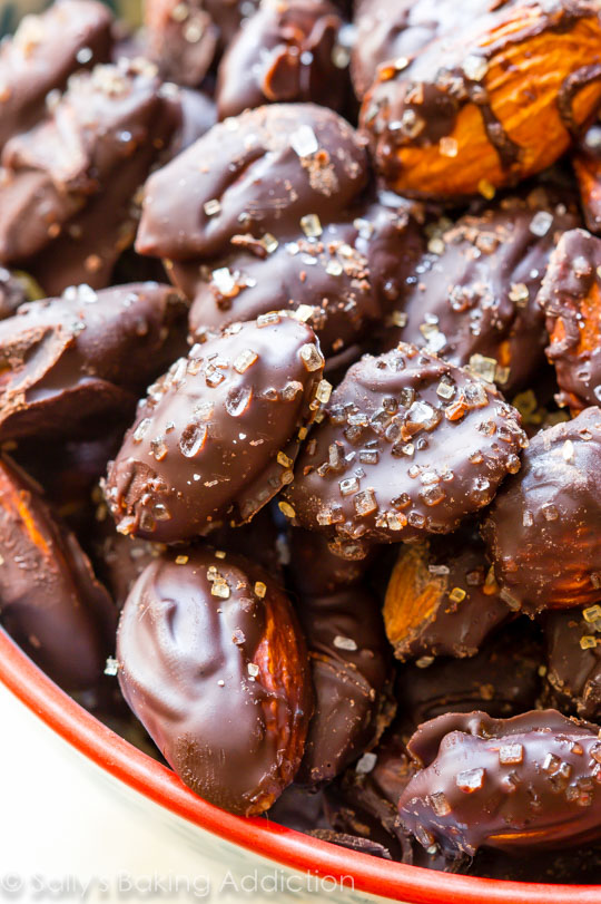 Dark chocolate sea salt almonds from Sally\'s Baking Addiction piled into a bowl.