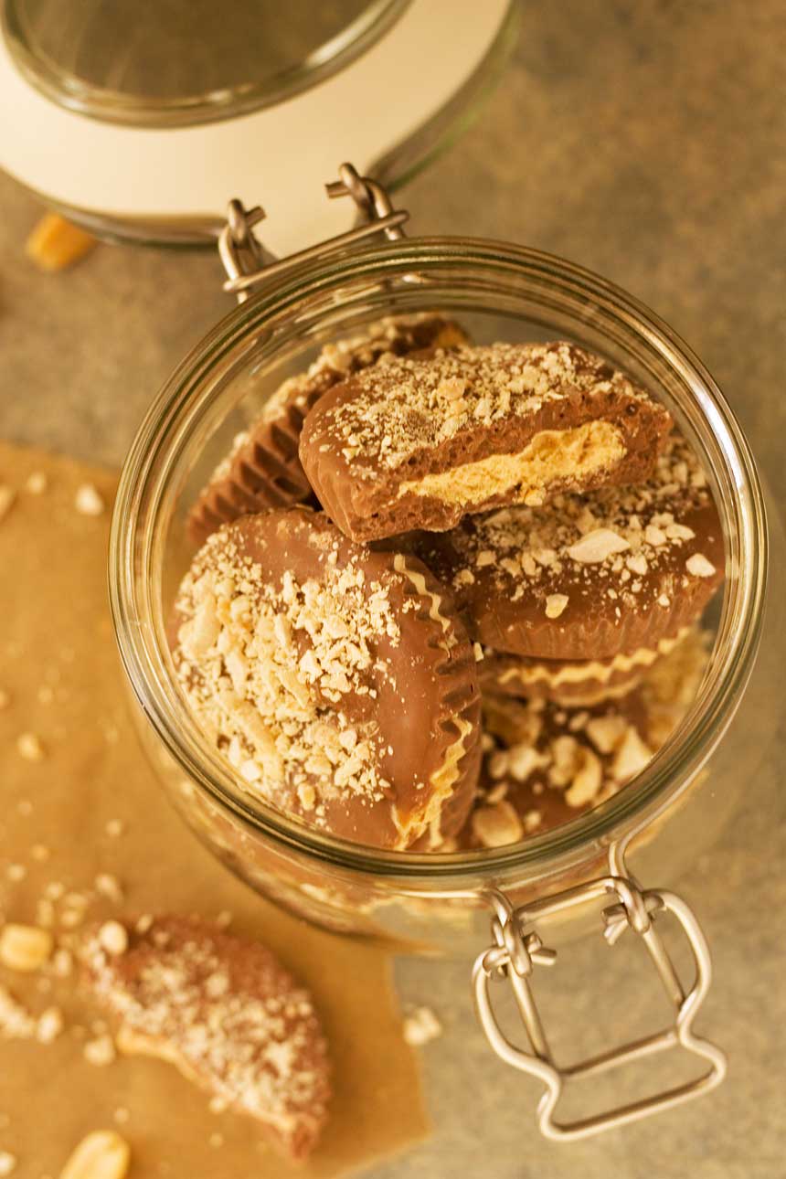 A jar of homemade Peanut Butter cups from above.