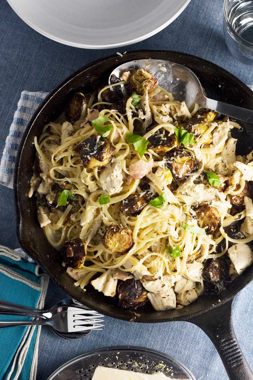 Turkey, bacon and brussels sprouts linguine - perfect for leftovers!