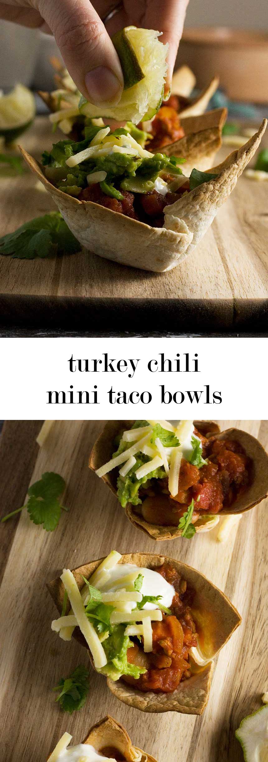 A pinterest pin for turkey chili mini taco bowls with a title on it.