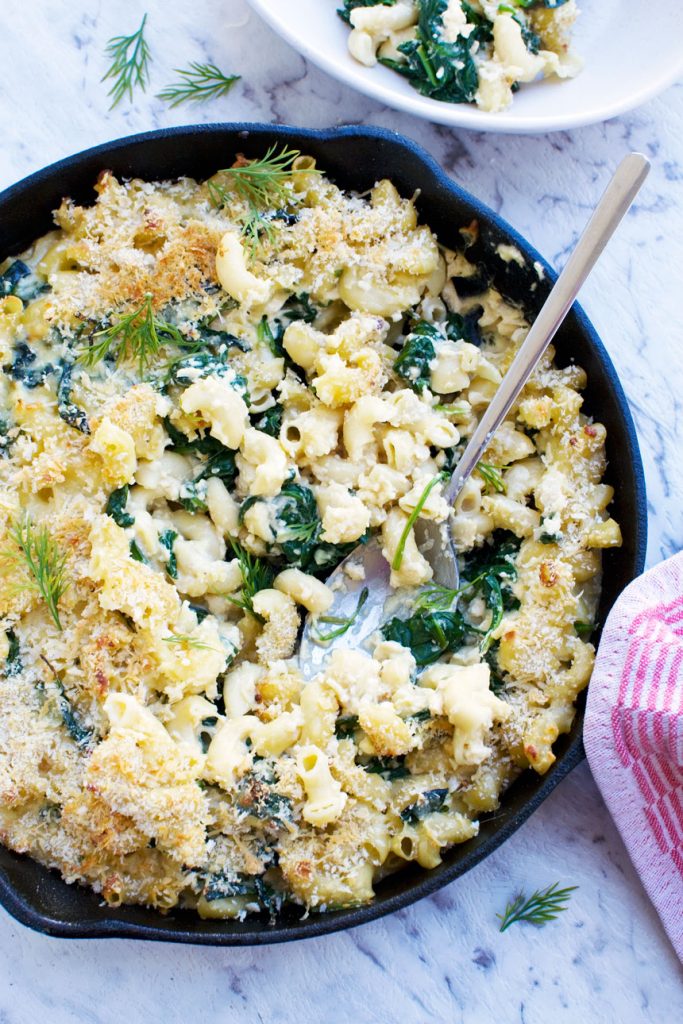 a really easy Greek macaroni cheese in a cast iron pan from above