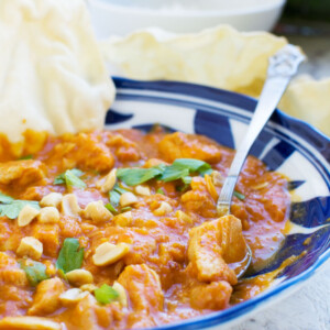 A Thai chicken and butternut squash curry with peanuts, coriander & poppadoms, with a spoon in it