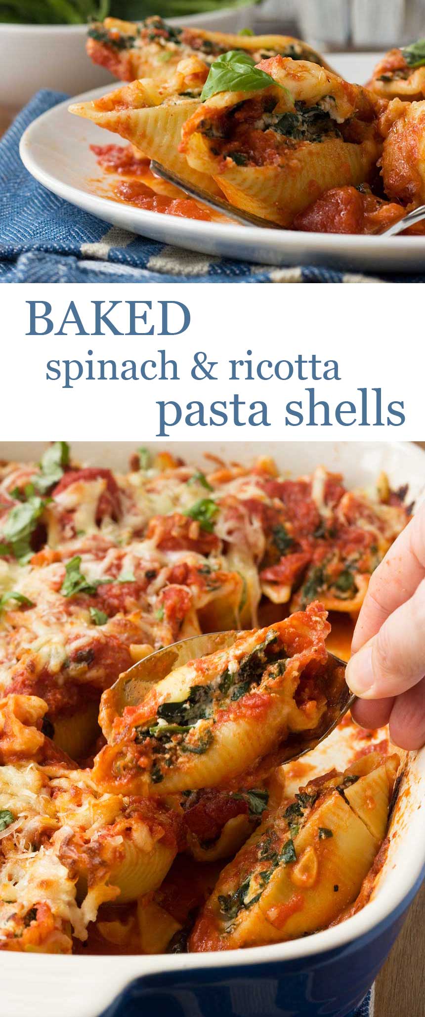 Someone spooning Baked spinach and ricotta pasta shells out of a blue baking dish with a title on it for Pinterest.