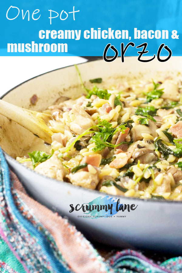 One pot creamy chicken bacon and mushroom orzo in a blue cast iron pan