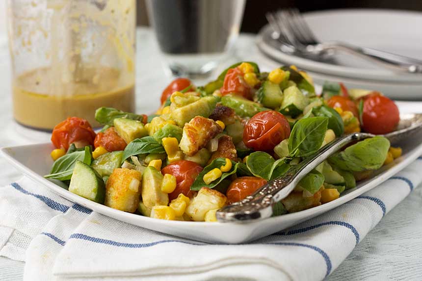 Crispy Halloumi Salad With Avocado, Corn and Tomatoes Scrummy Lane