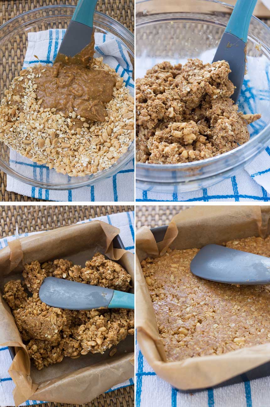 A collage of 4 images showing how to make homemade sweet and salty peanut granola bars