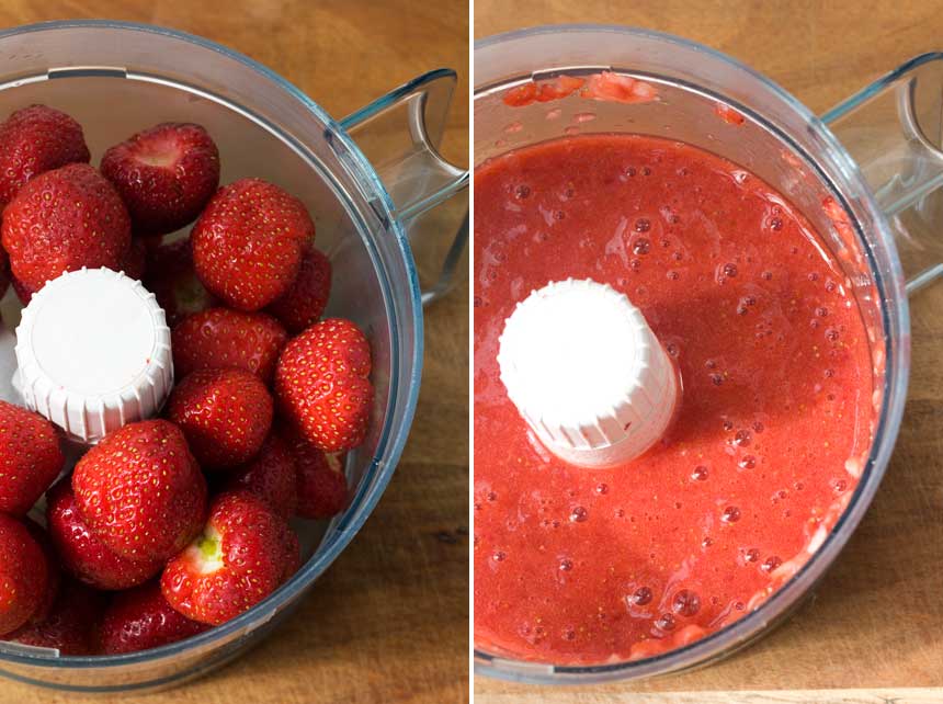 Collage of strawberries in a food processor and then after being pureed.