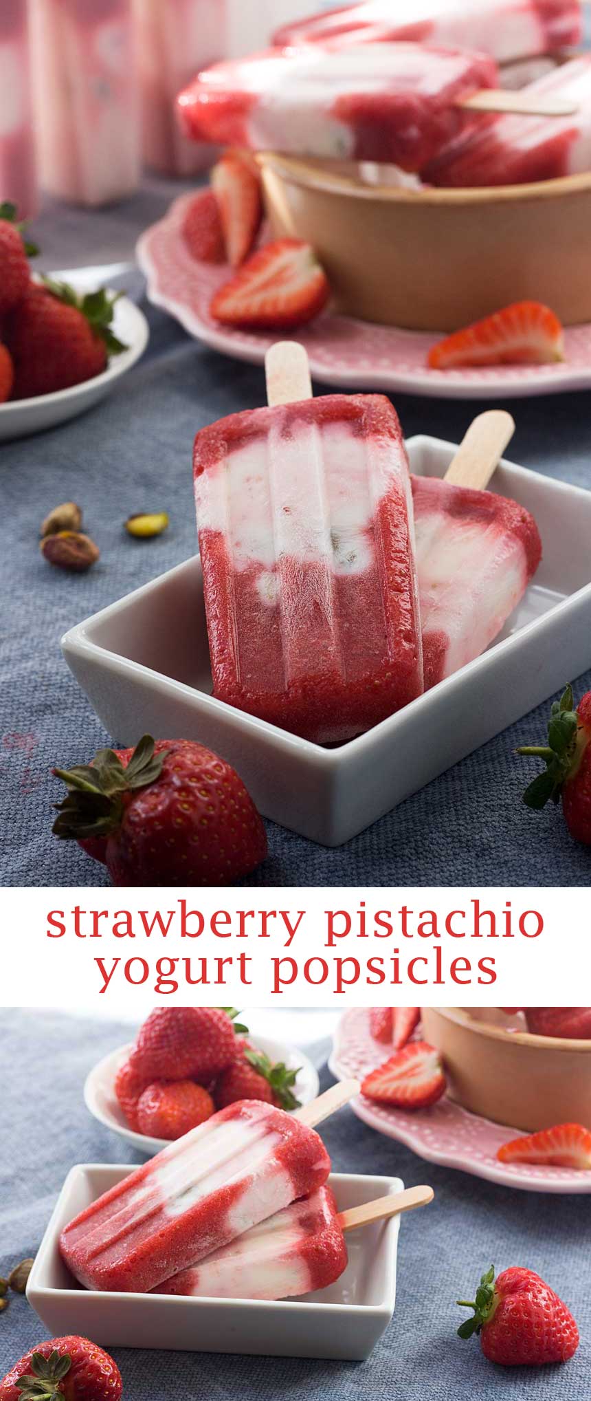 Strawberry pistachio yogurt popsicles in a rectangular white dish on a blue background with strawberries scattered around.