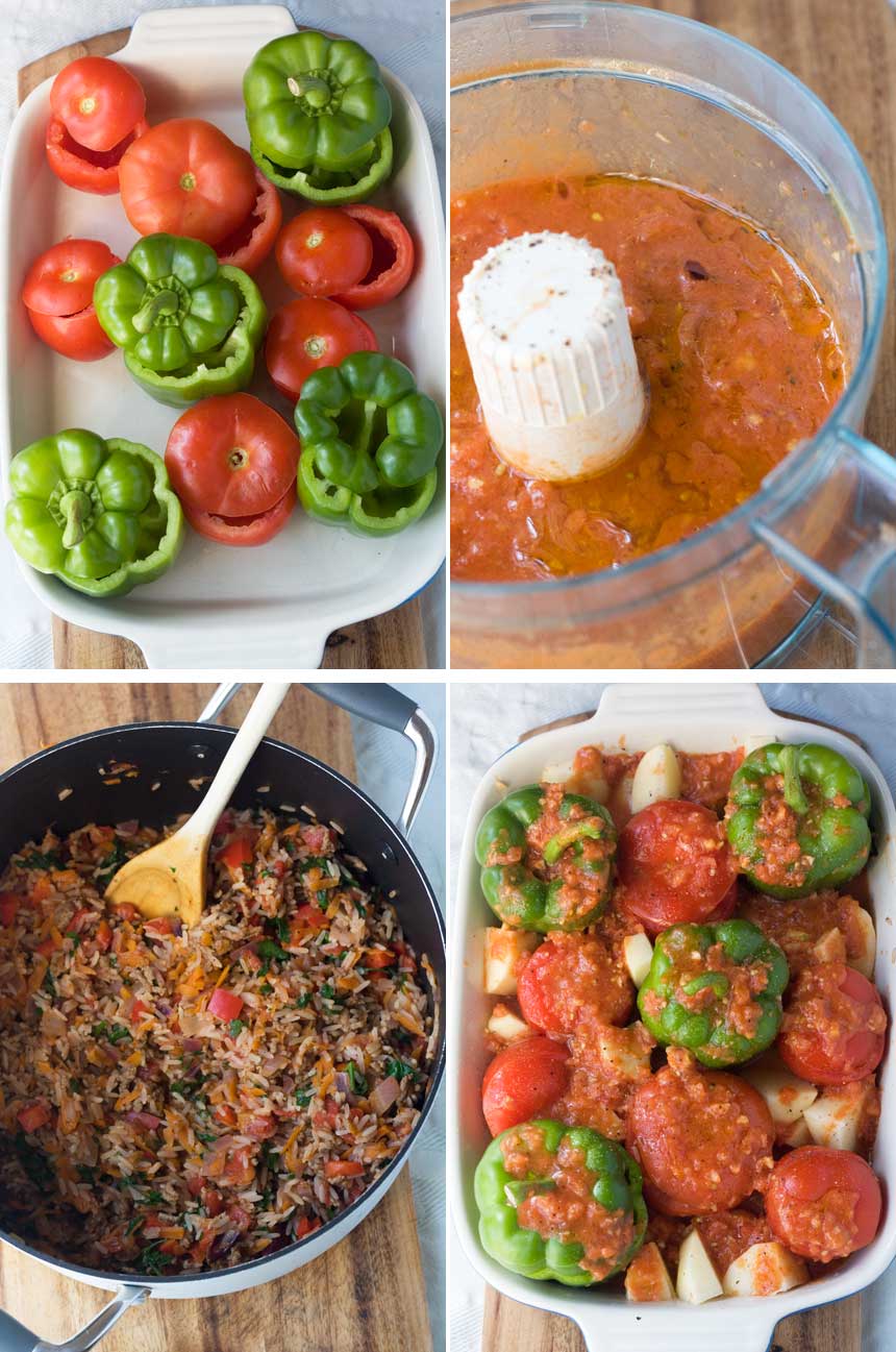 4 process shots showing how to make Greek stuffed tomatoes and peppers