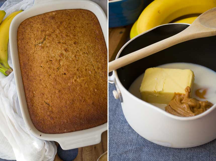 Collage of 2 images showing banana sheet cake in a baking dish from above and ingredients for the frosting in a saucepan.