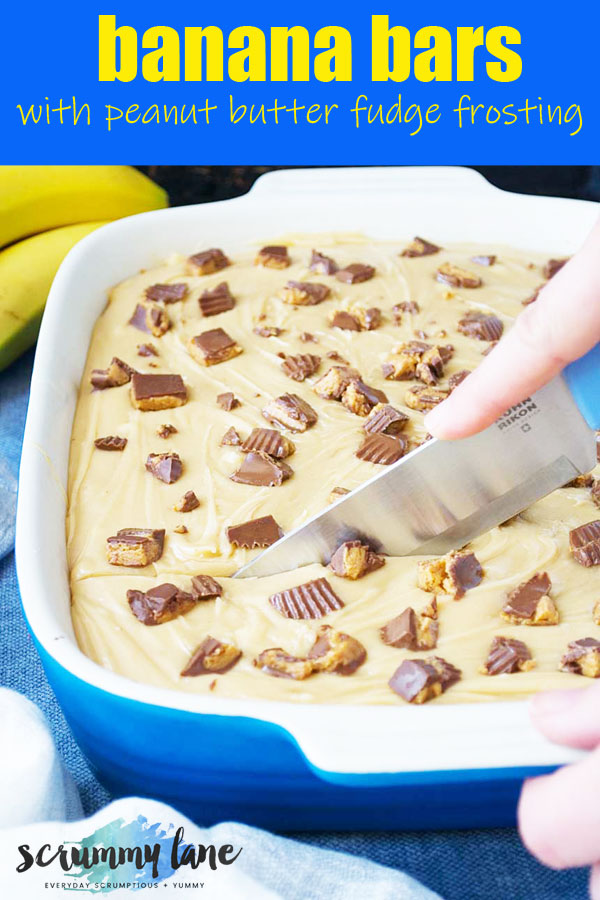 Someone about to cut into a tray of banana bars with peanut butter fudge frosting