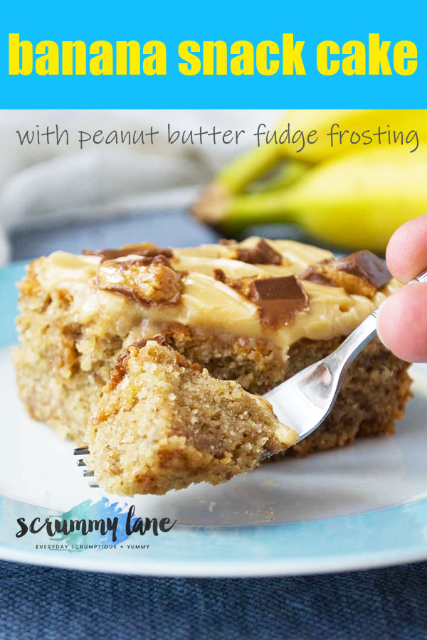 A piece of banana snack cake with bananas in the background