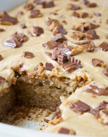 Banana sheet cake with peanut butter fudge frosting