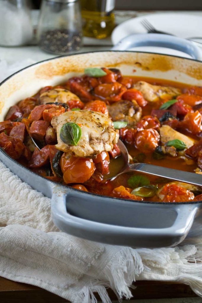 One Pan Baked Chicken With Chorizo And Tomatoes With A Video