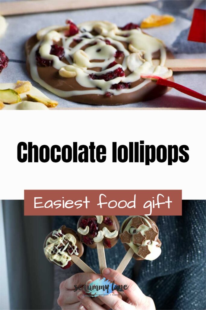 collage of 2 images of chocolate lollipops with a title in the middle for Pinterest