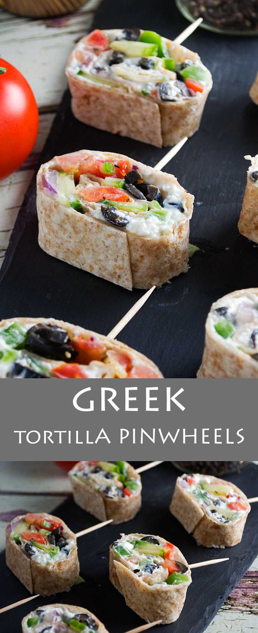Pinterest pin showing Greek tortilla pinwheels on a black platter with a big title in the middle.
